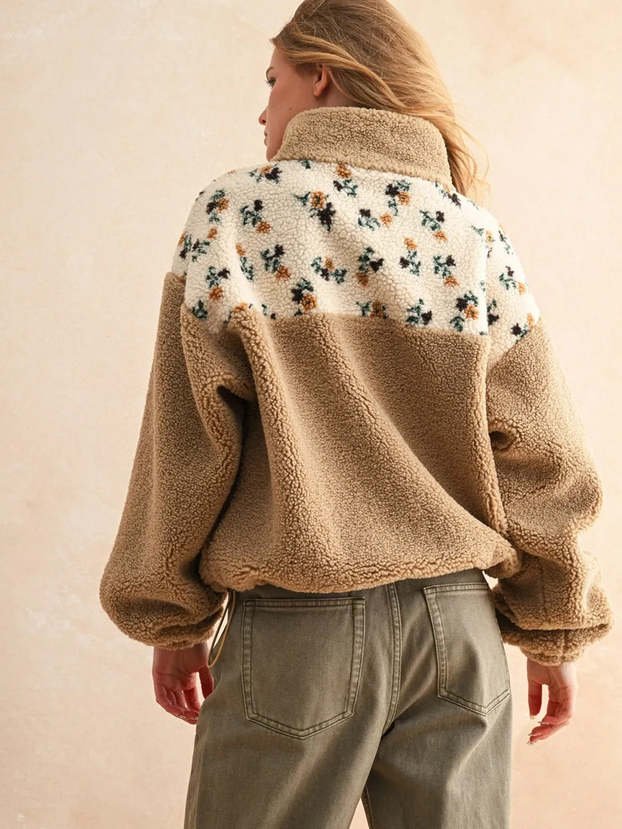 HALF ZIP FLORAL PRINT SHERPA PULLOVER - TAN Noise Reducing Hardware Quick Access Pockets