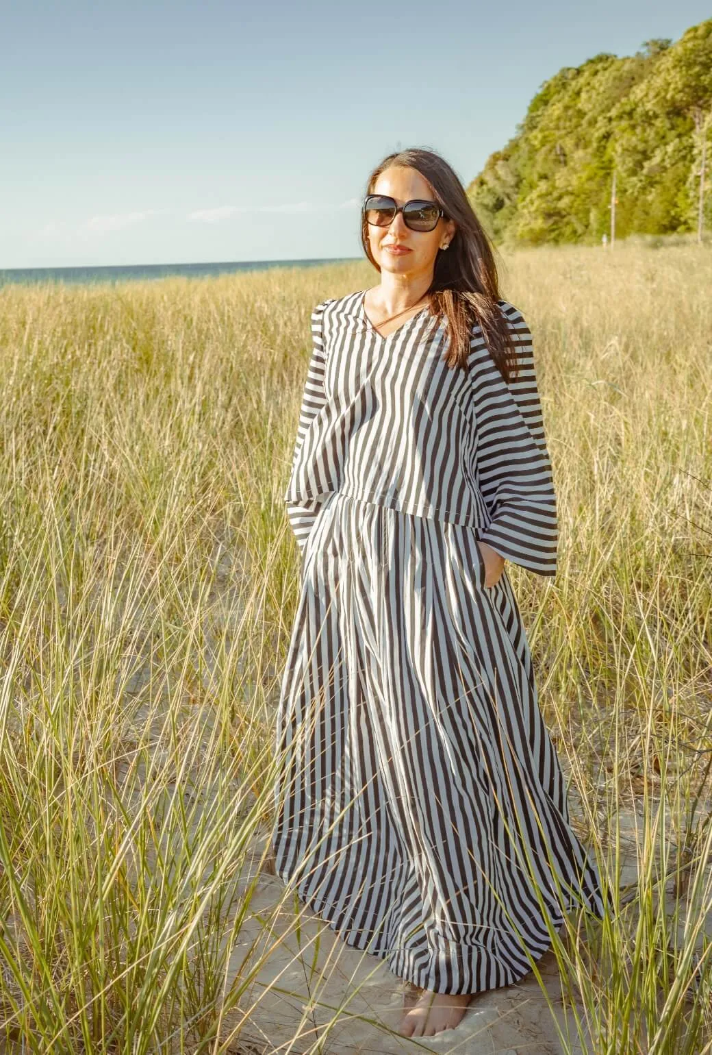 Bell Sleeve V-Neck Top - Black and White Stripe Flatlock stitching Stretch Material
