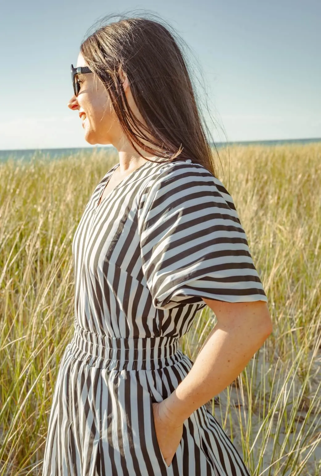 Loose Tee AntiMicrobialLining Bell Sleeve V-Neck Top - Black and White Stripe