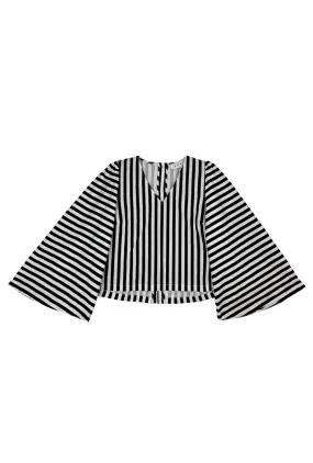 Bell Sleeve V-Neck Top - Black and White Stripe Fade Resistant Treatment