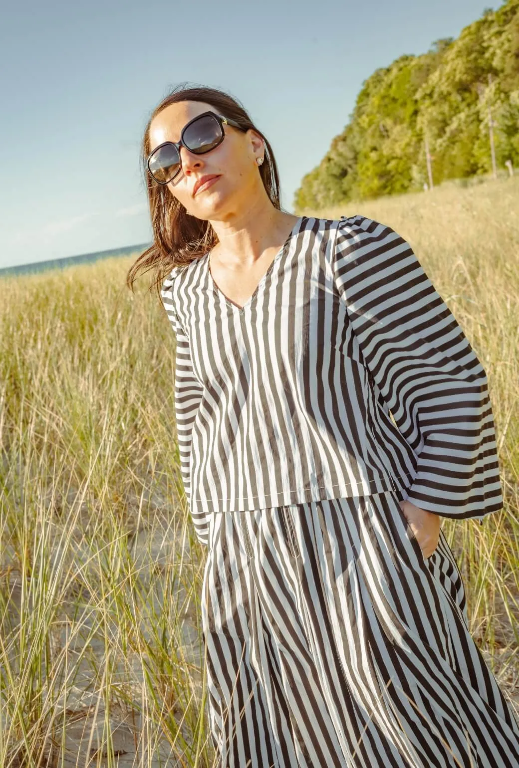 Bell Sleeve V-Neck Top - Black and White Stripe Double Layered Fabric
