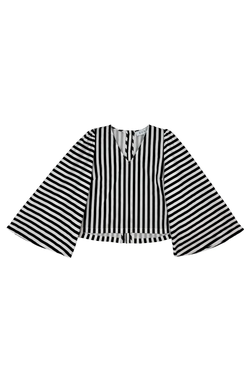 Bell Sleeve V-Neck Top - Black and White Stripe Fade Resistant Treatment
