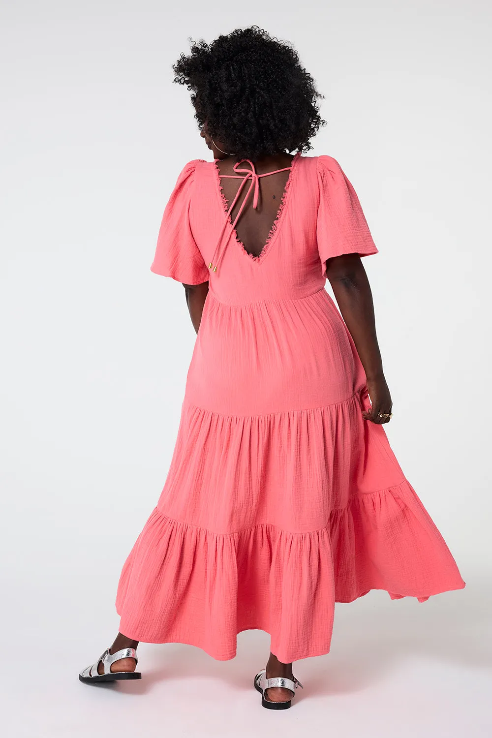 Coral Flute Sleeve Tiered Midi Dress Light And Airy Calm Flow