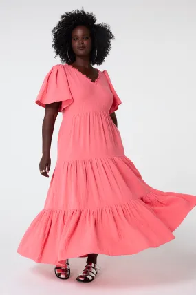 Coral Flute Sleeve Tiered Midi Dress Relaxed Layers Playful touch