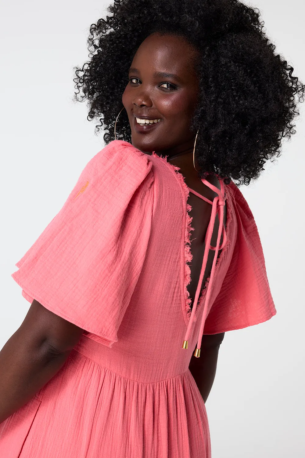 Coral Flute Sleeve Tiered Midi Dress Polished Style