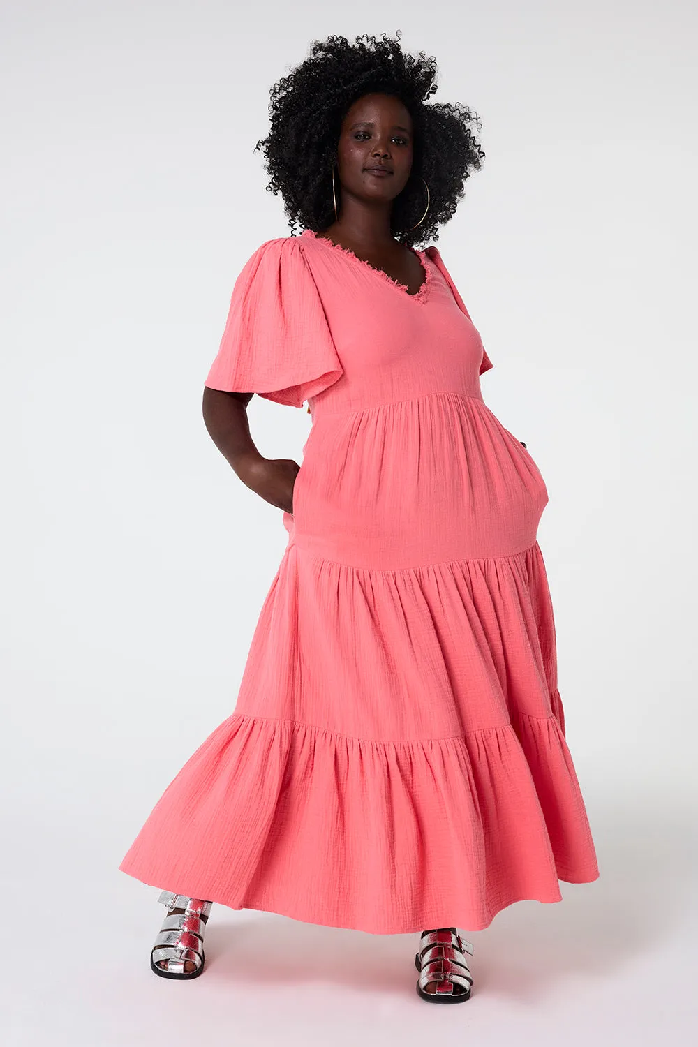 Coral Flute Sleeve Tiered Midi Dress Refined fit