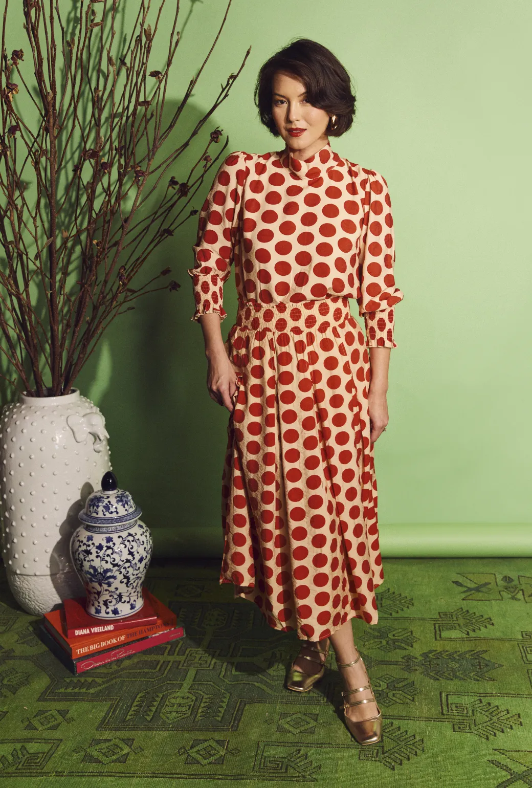 SAMPLE - Smocked Waist MIDI Skirt - Big Dot Anti Static Fabric Comfortable Movement