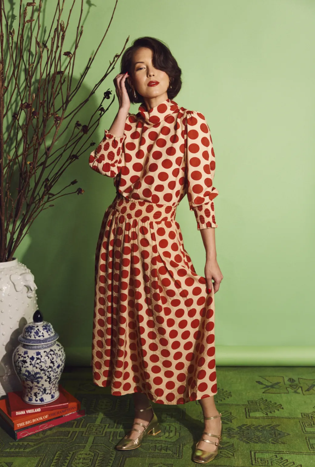 Stretch Fit Wear Perfect Length SAMPLE - Smocked Waist MIDI Skirt - Big Dot