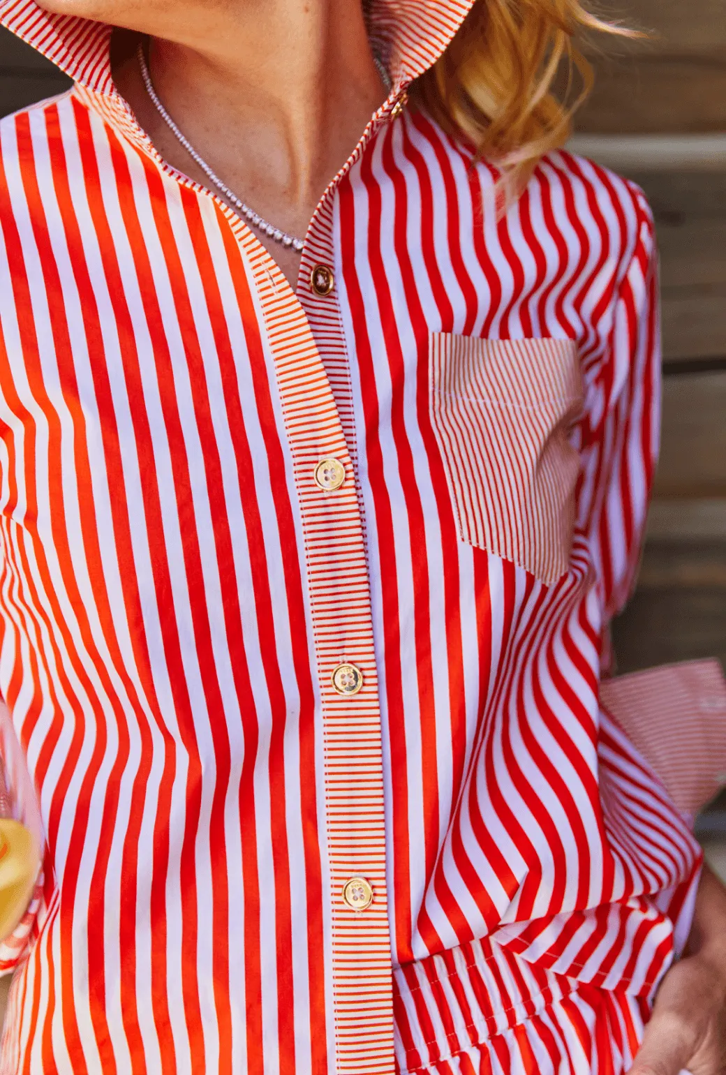 ElasticTrimming Mel Mixed Button Down Shirt - Tangerine Stripe