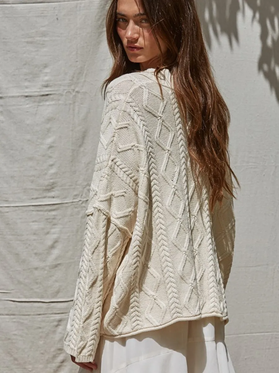 V-NECK OVERSIZED KNIT SWEATER - NATURAL Sustainable Textile Bound Seam Finish