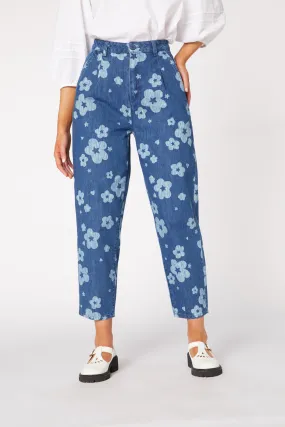 Indigo Starry Flower Tape Jean Anti Pilling Surface Essential Look