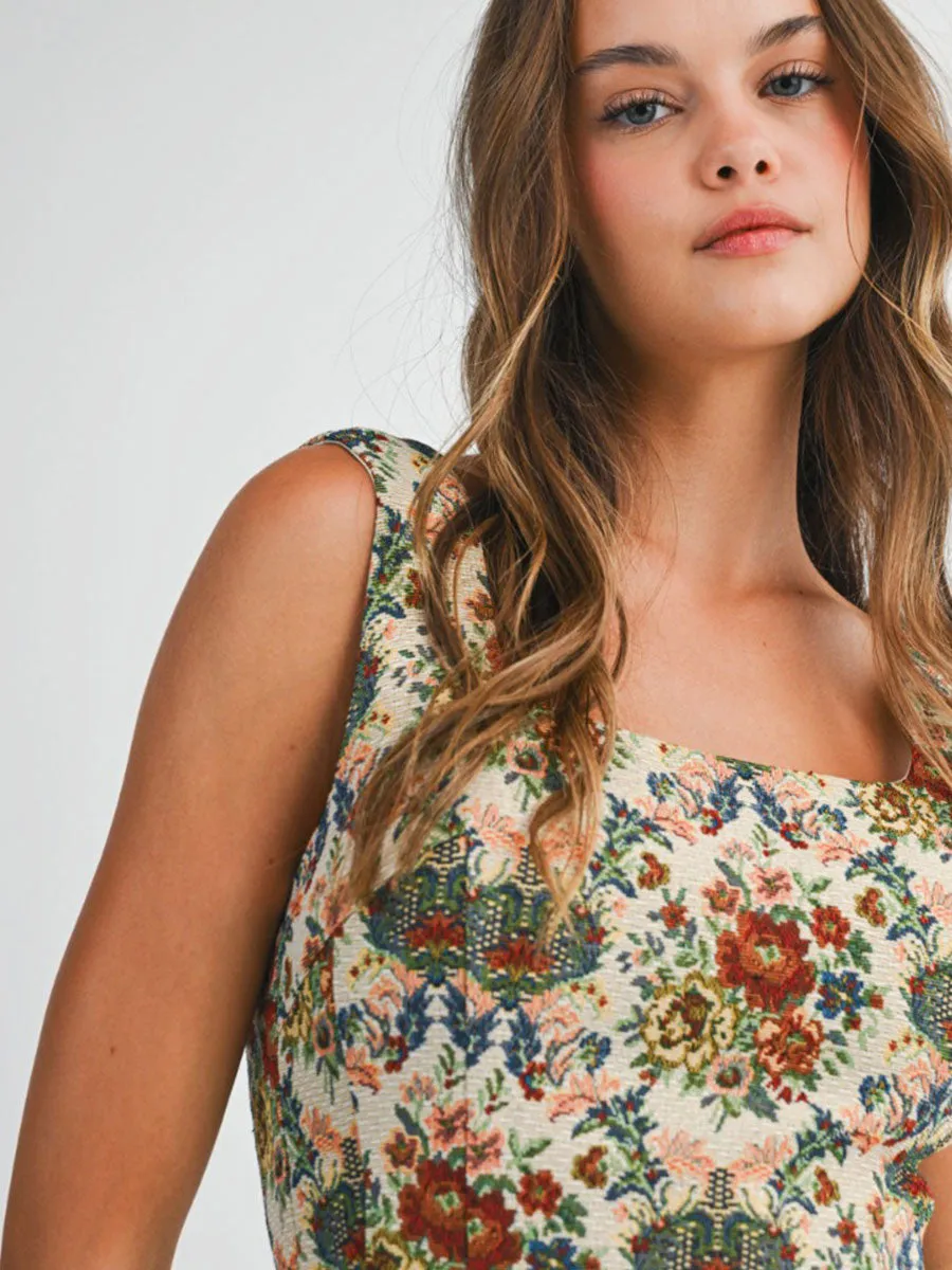 Wrinkle Free Texture Breathable Construction JACQUARD SQUARE NECK TOP - TAUPE/MULTI