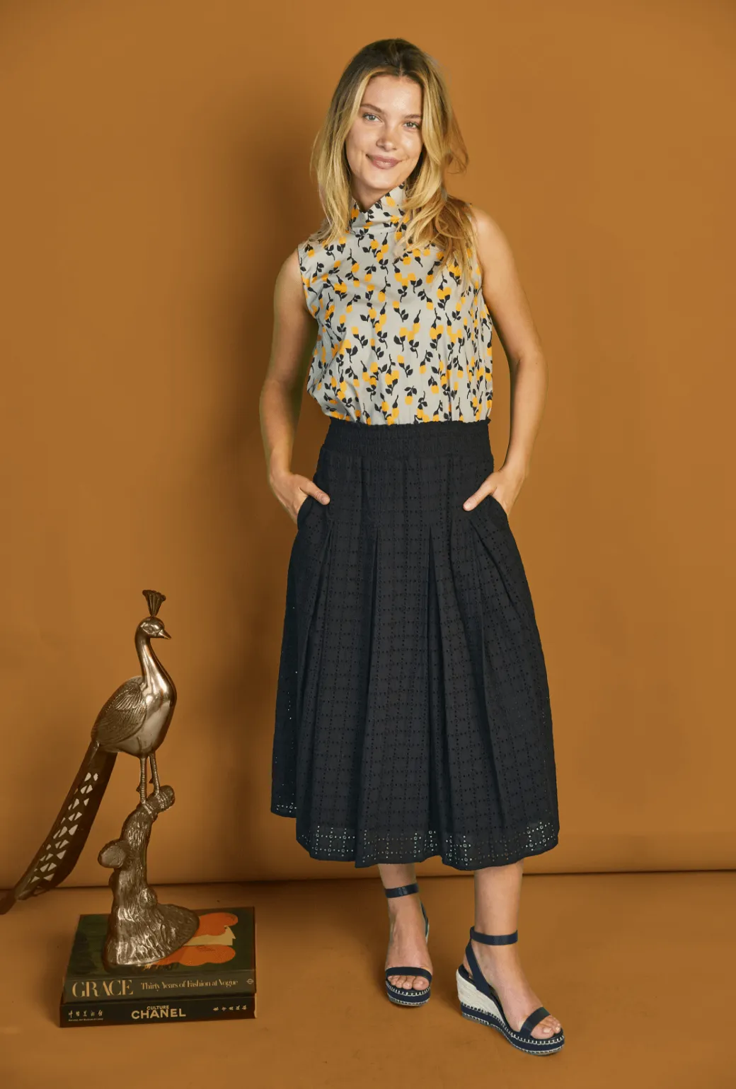 RecyclablePackaging Smocked Waist MIDI Skirt - Black Eyelet