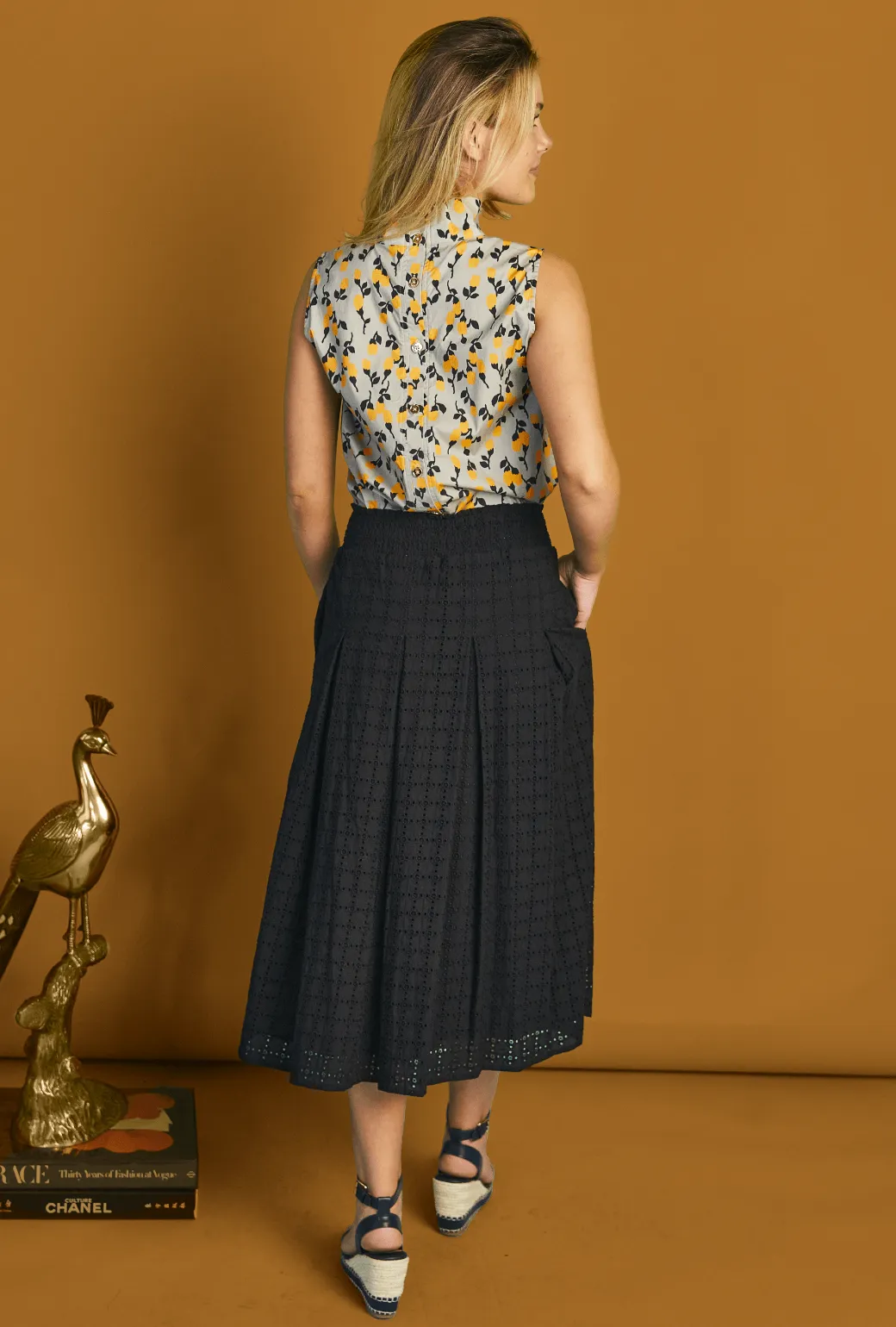 Smocked Waist MIDI Skirt - Black Eyelet ReinforcedBeltLoops Relax Mode