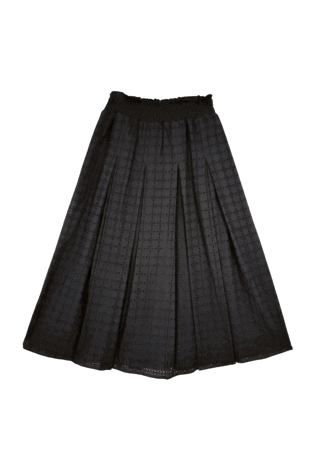 QuickReleaseClosures Flex Fit Design Smocked Waist MIDI Skirt - Black Eyelet