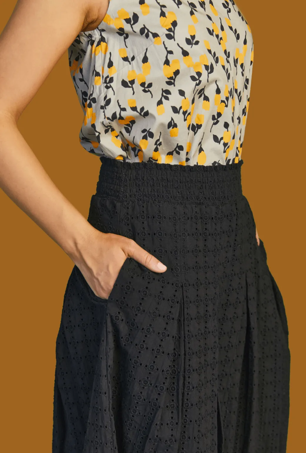 Smocked Waist MIDI Skirt - Black Eyelet NonSlipInnerGrip
