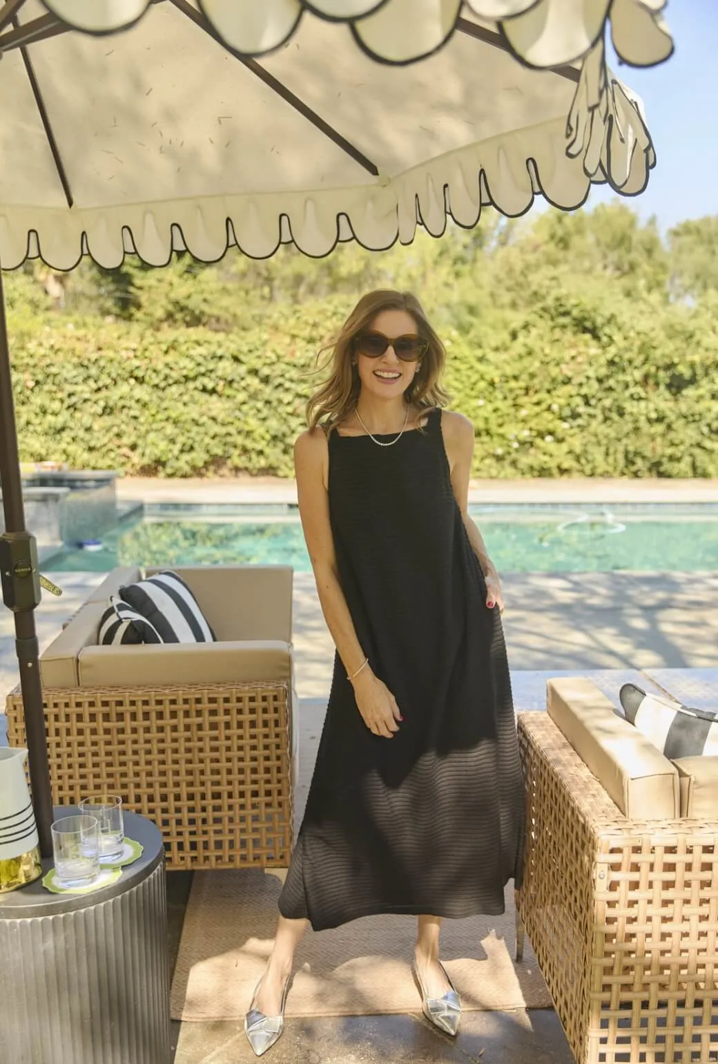 Front Ruffle Soft Neutral Buru x Megan Stokes The Megan MIDI Dress - Black Pintuck Knit