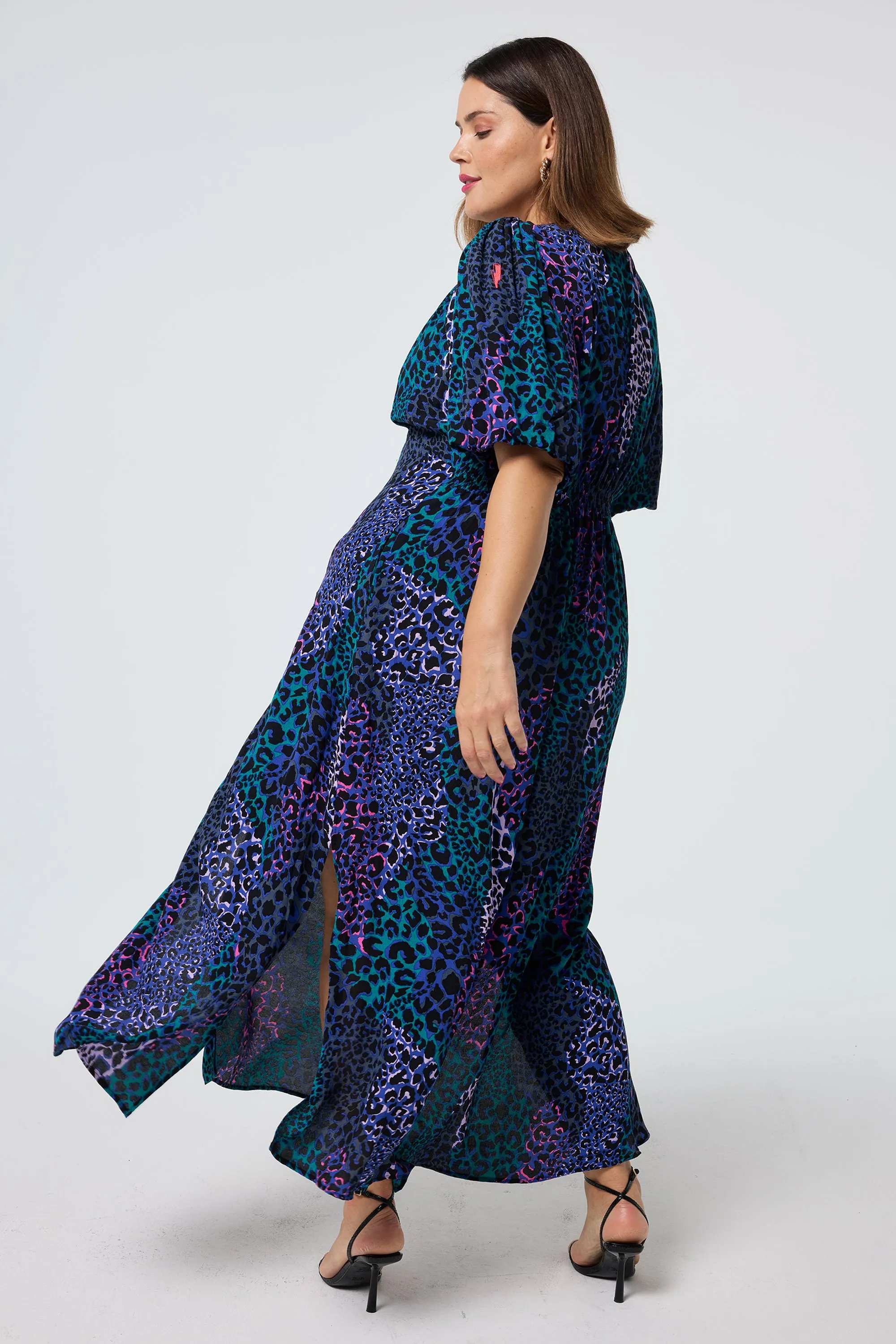 Japan Line Perfect Shape Blue with Green Spliced Leopard Puff Sleeve Midi Tea Dress