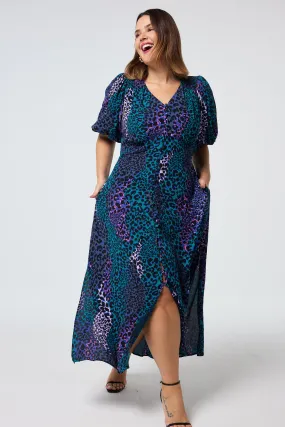Night Vibes Blue with Green Spliced Leopard Puff Sleeve Midi Tea Dress