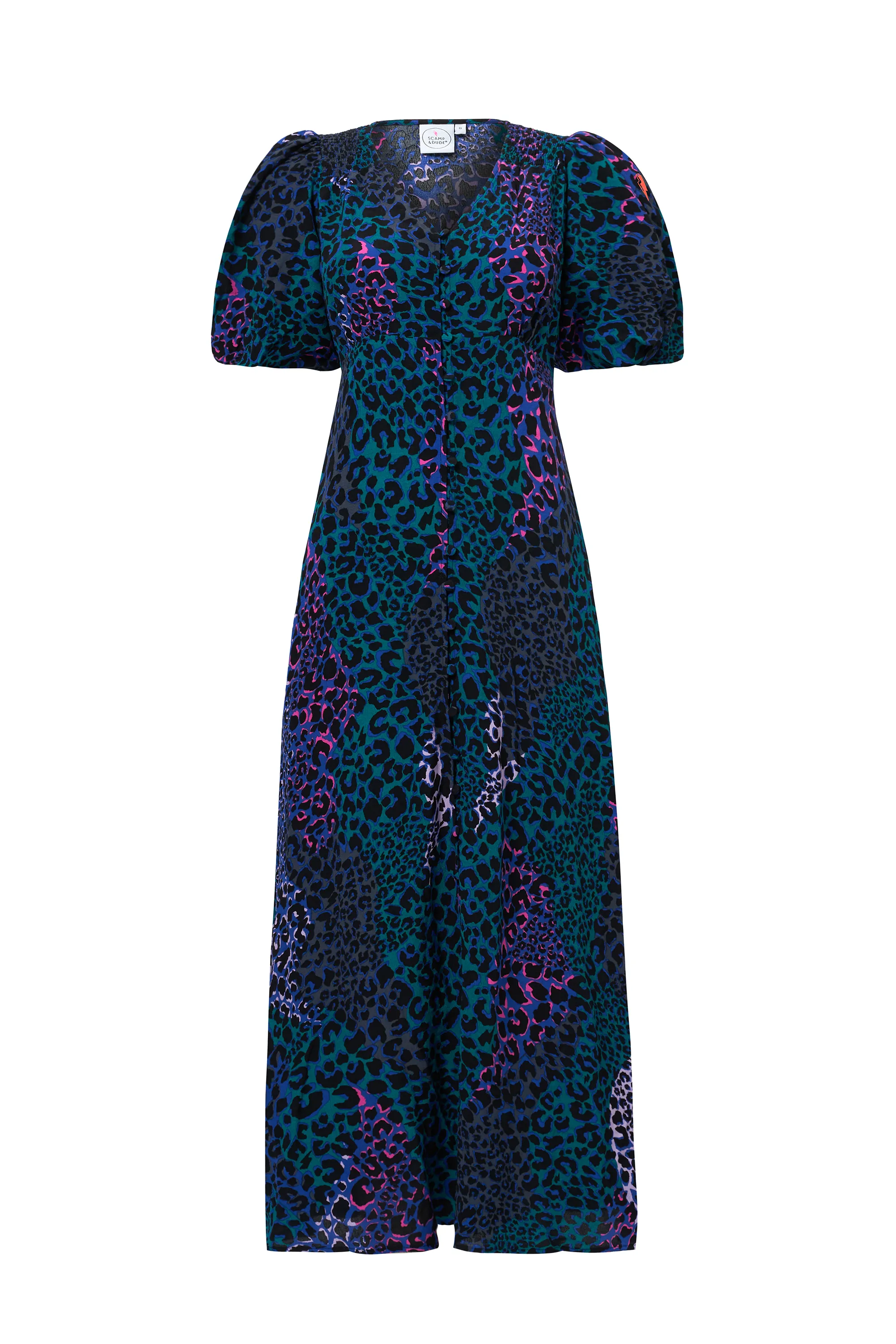 Dressy Glow Blue with Green Spliced Leopard Puff Sleeve Midi Tea Dress