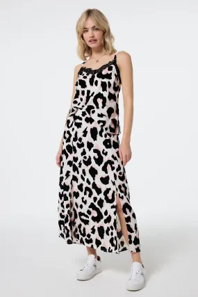 Ivory with Neutral and Black Mega Shadow Leopard Split Front Skirt Fashion Style