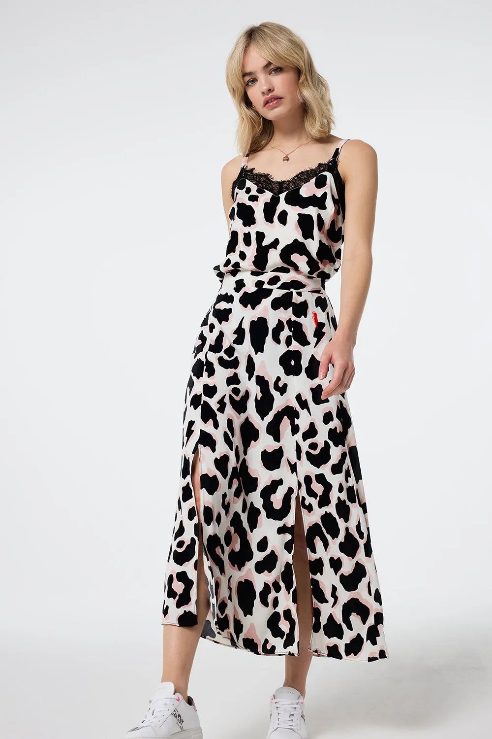 Knitted Fabric Elegant Flow Ivory with Neutral and Black Mega Shadow Leopard Split Front Skirt