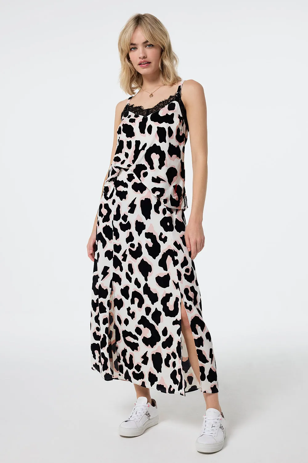 Ivory with Neutral and Black Mega Shadow Leopard Split Front Skirt Fashion Style
