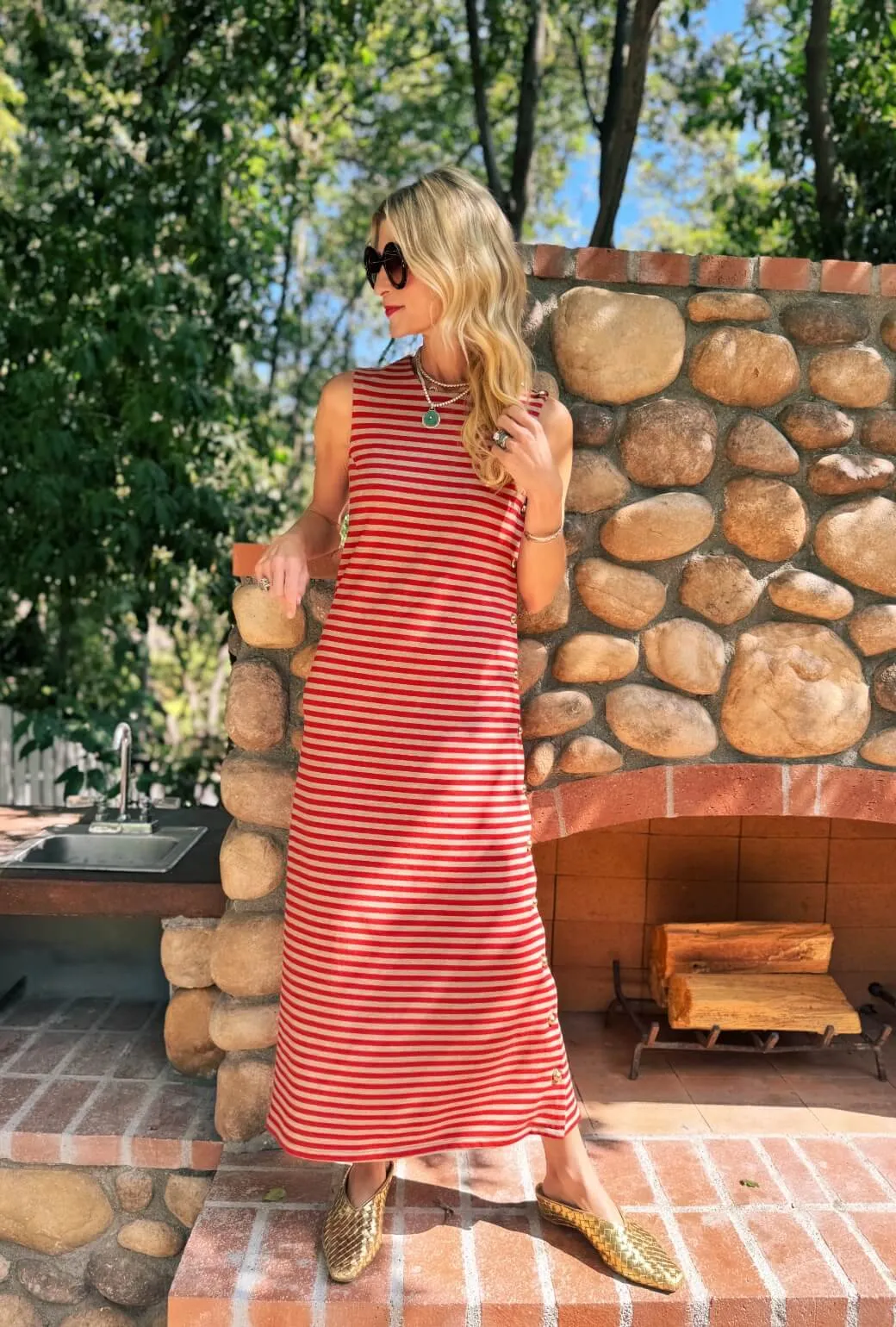 Layer Safe QuickReleaseClasp Jackie Dress Maxi - Taupe & Red Stripe Knit