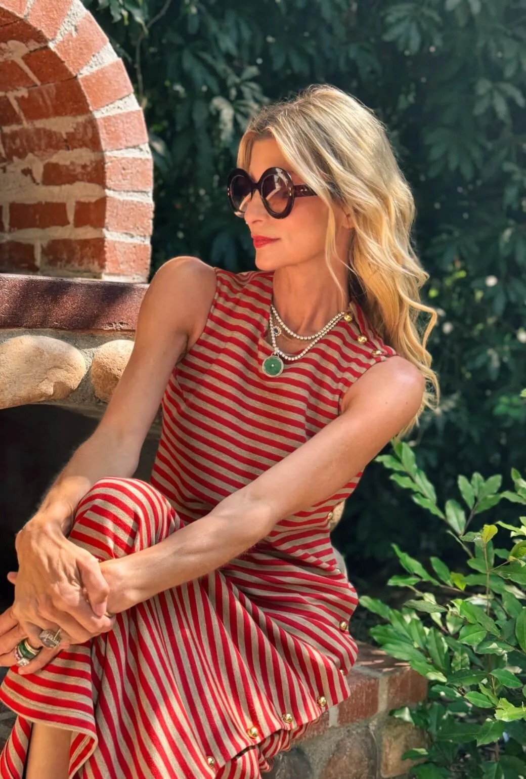 Garden Scene Pose Glow Jackie Dress Maxi - Taupe & Red Stripe Knit