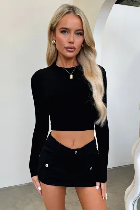 Jaylee Long Sleeve Baby Tee - Black Pocket Detailing