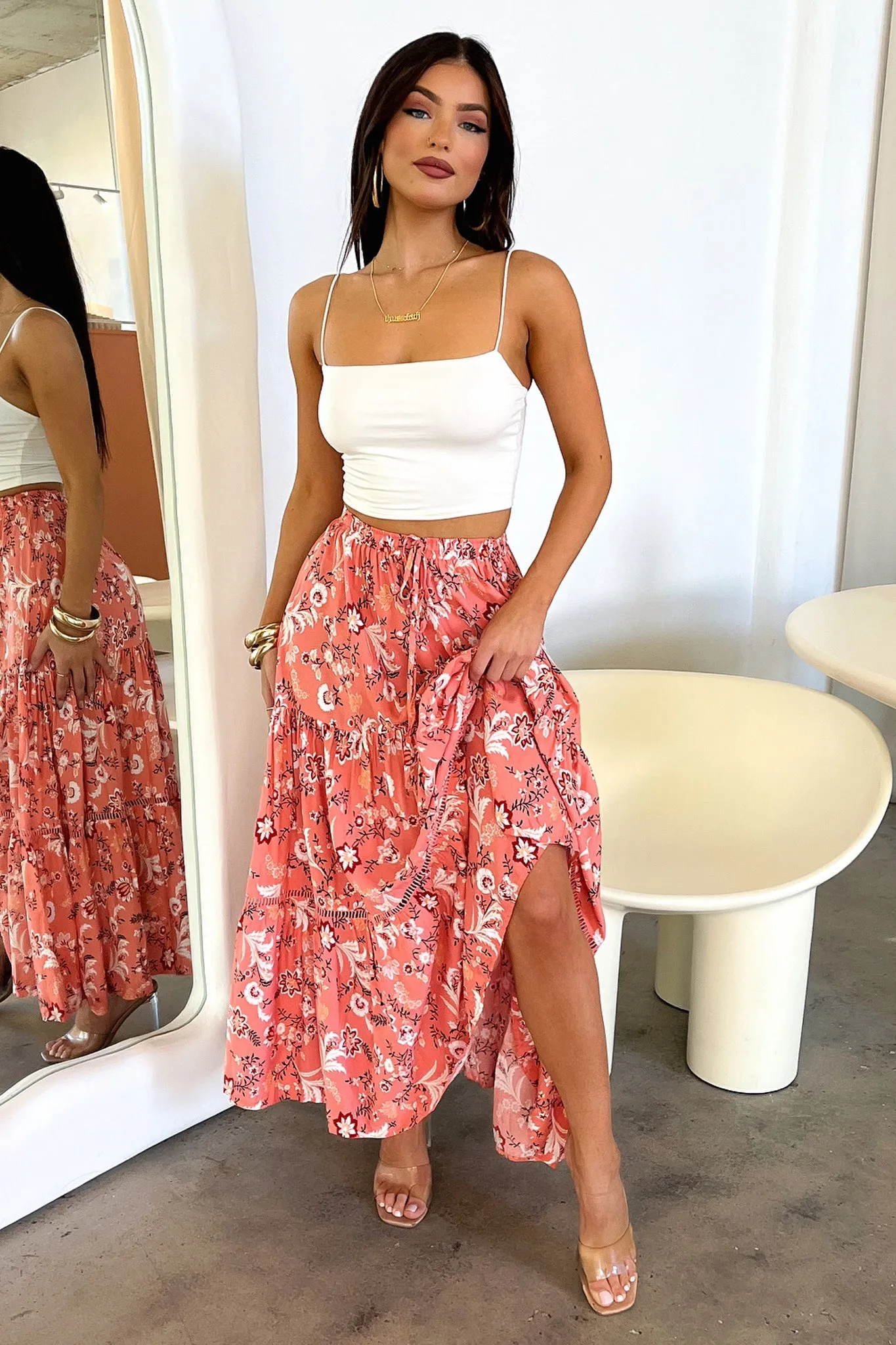 Kei Maxi Skirt - Pink Floral Knitted Fabric Fashion Tones