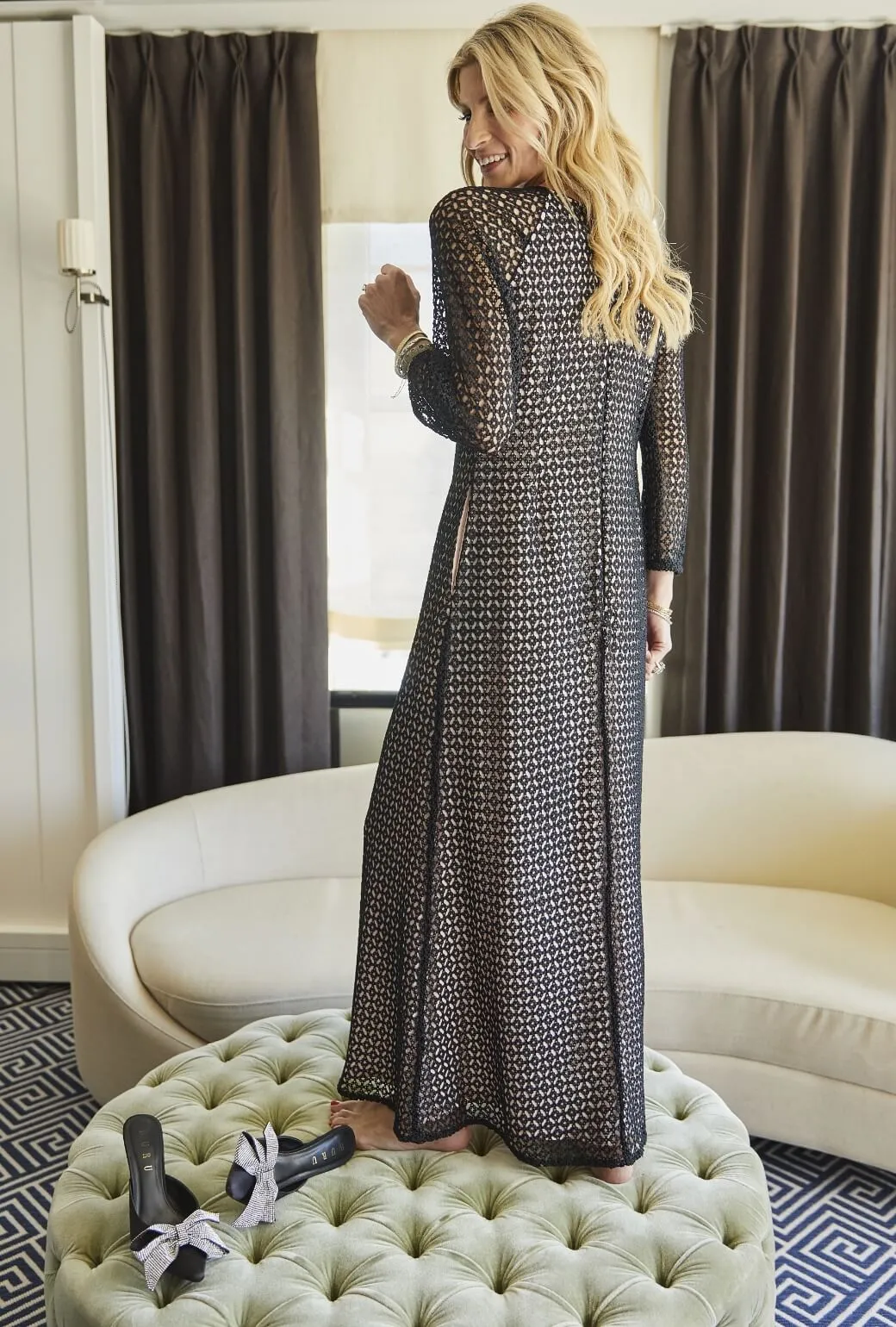Keyhole Astor Dress - Black Lace Layered Design Pose Glow