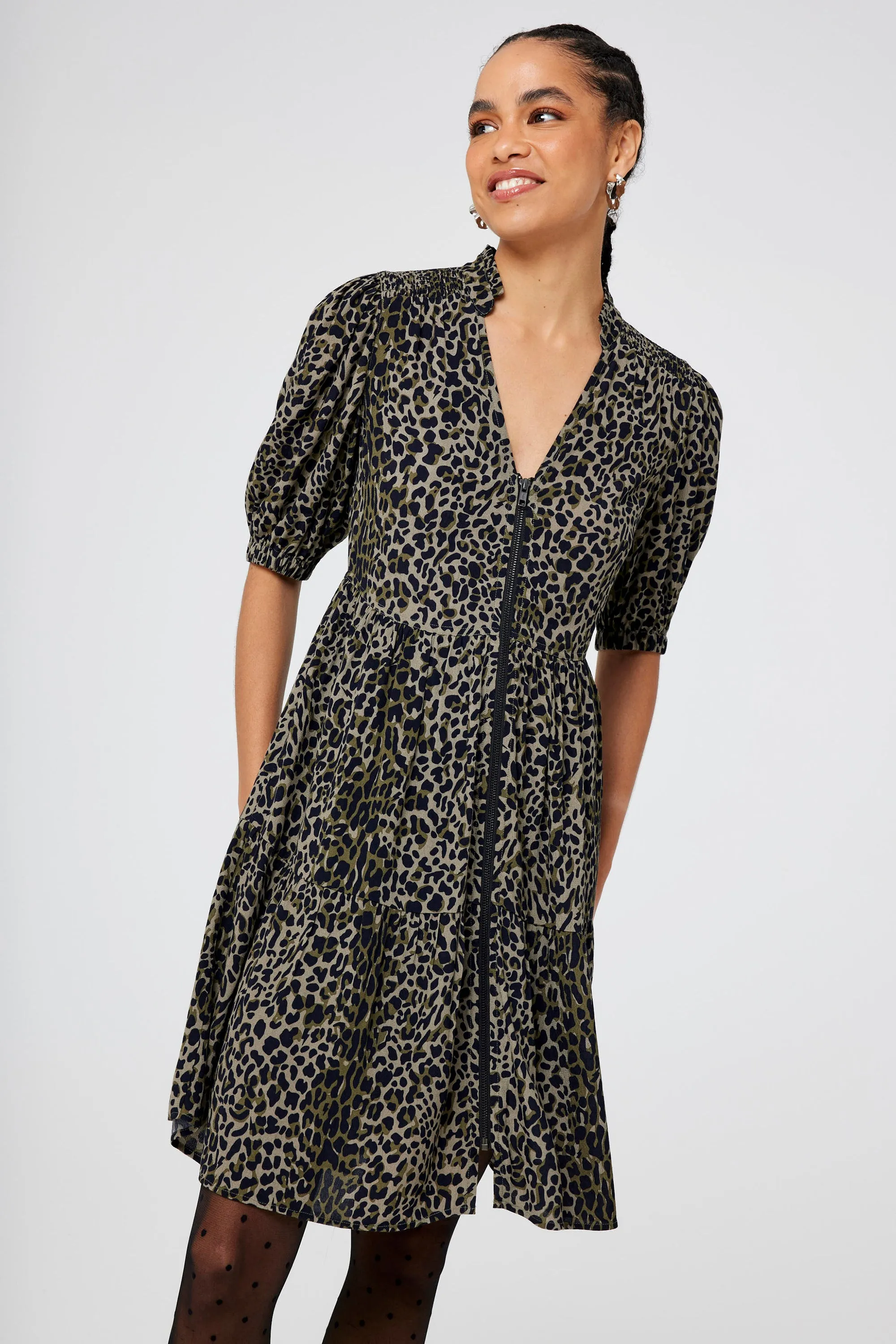 Khaki with Black Wild Leopard Zip Detail Tiered Short Dress Fine Texture Daily Go