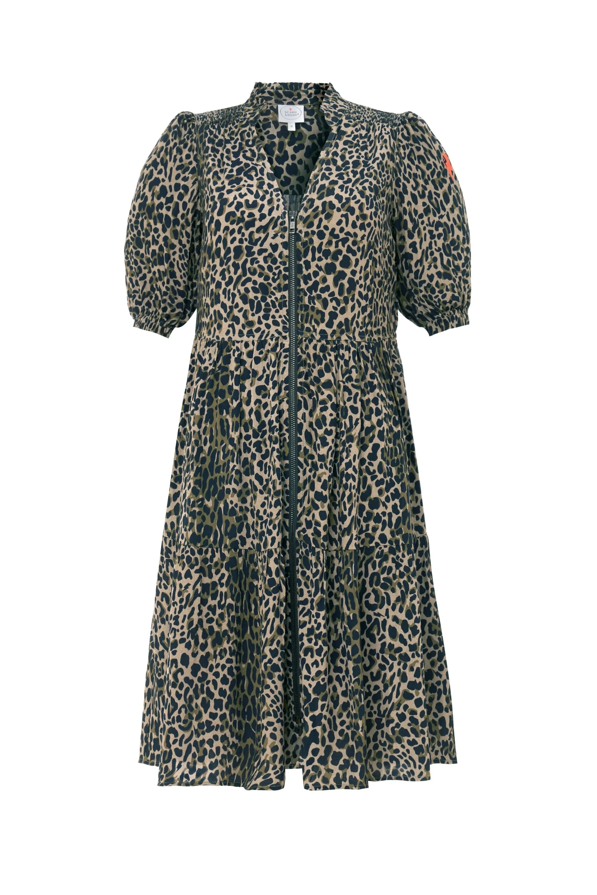 Khaki with Black Wild Leopard Zip Detail Tiered Short Dress Essential Piece