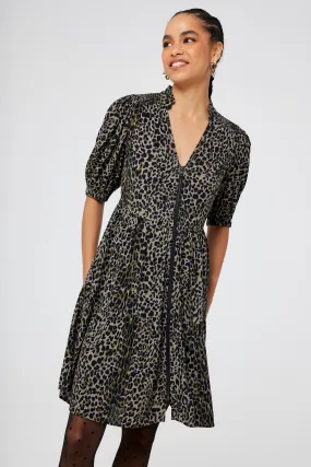 Khaki with Black Wild Leopard Zip Detail Tiered Short Dress Fine Texture Daily Go