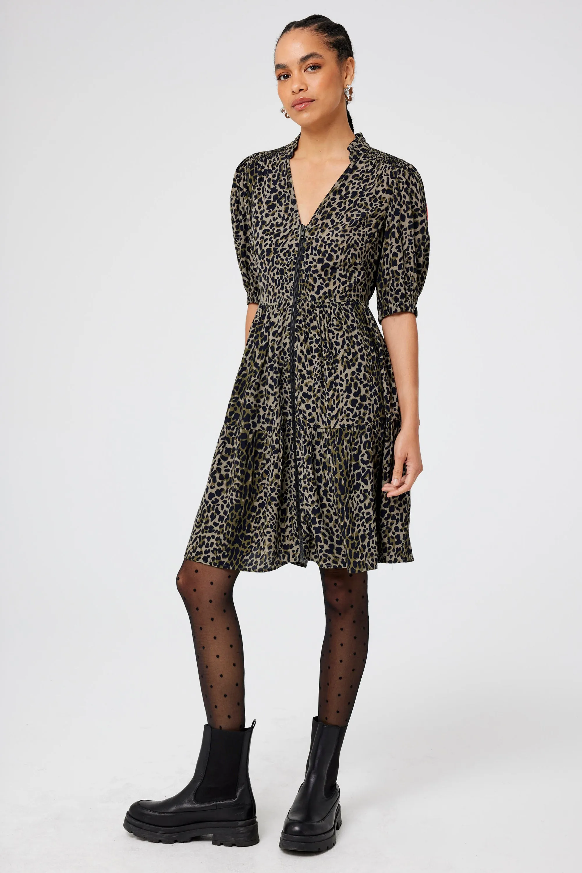Dressy Yet Comfortable Khaki with Black Wild Leopard Zip Detail Tiered Short Dress