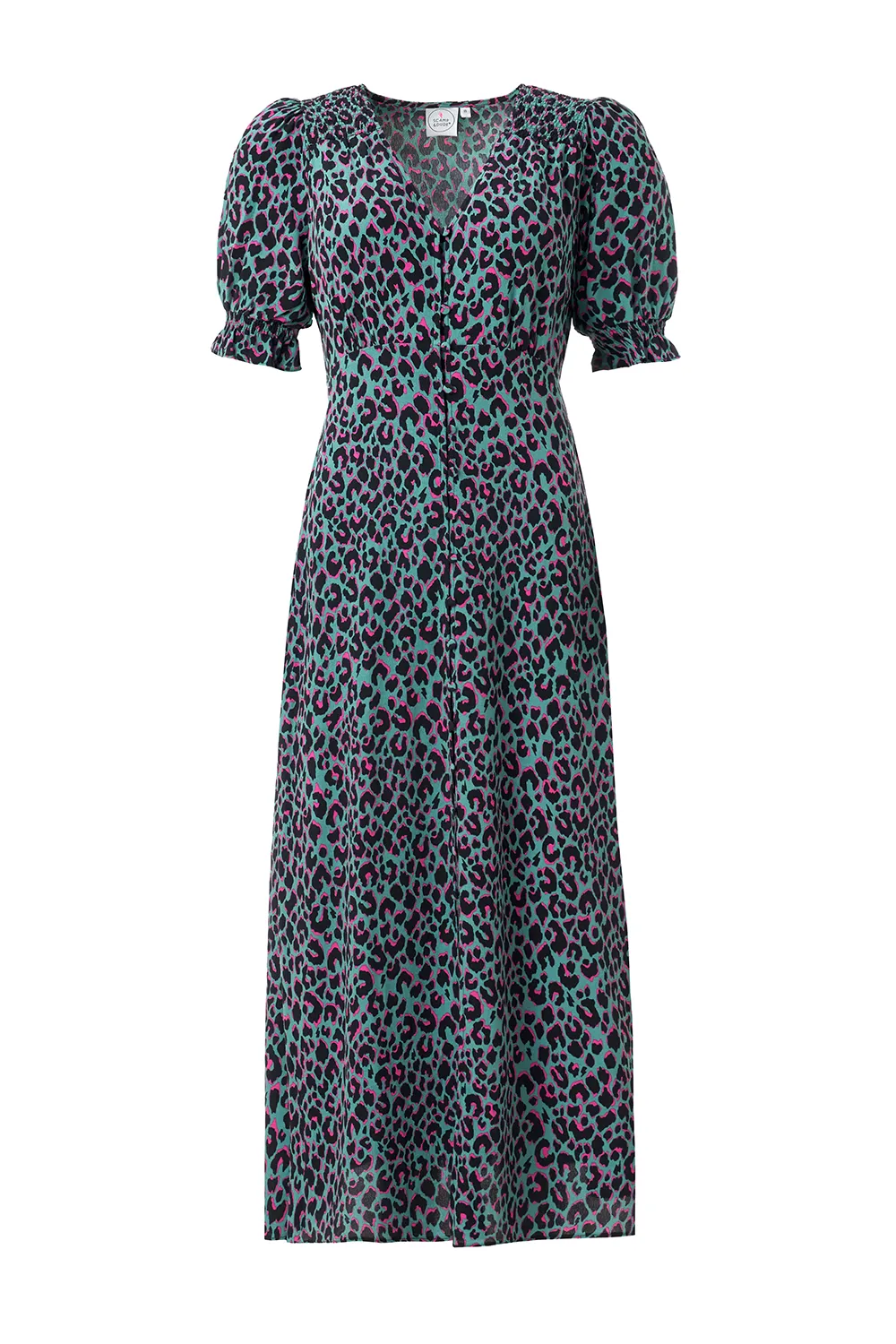 Khaki with Pink and Black Small Shadow Leopard Flute Sleeve Midi Tea Dress Smart Piece Relax Form