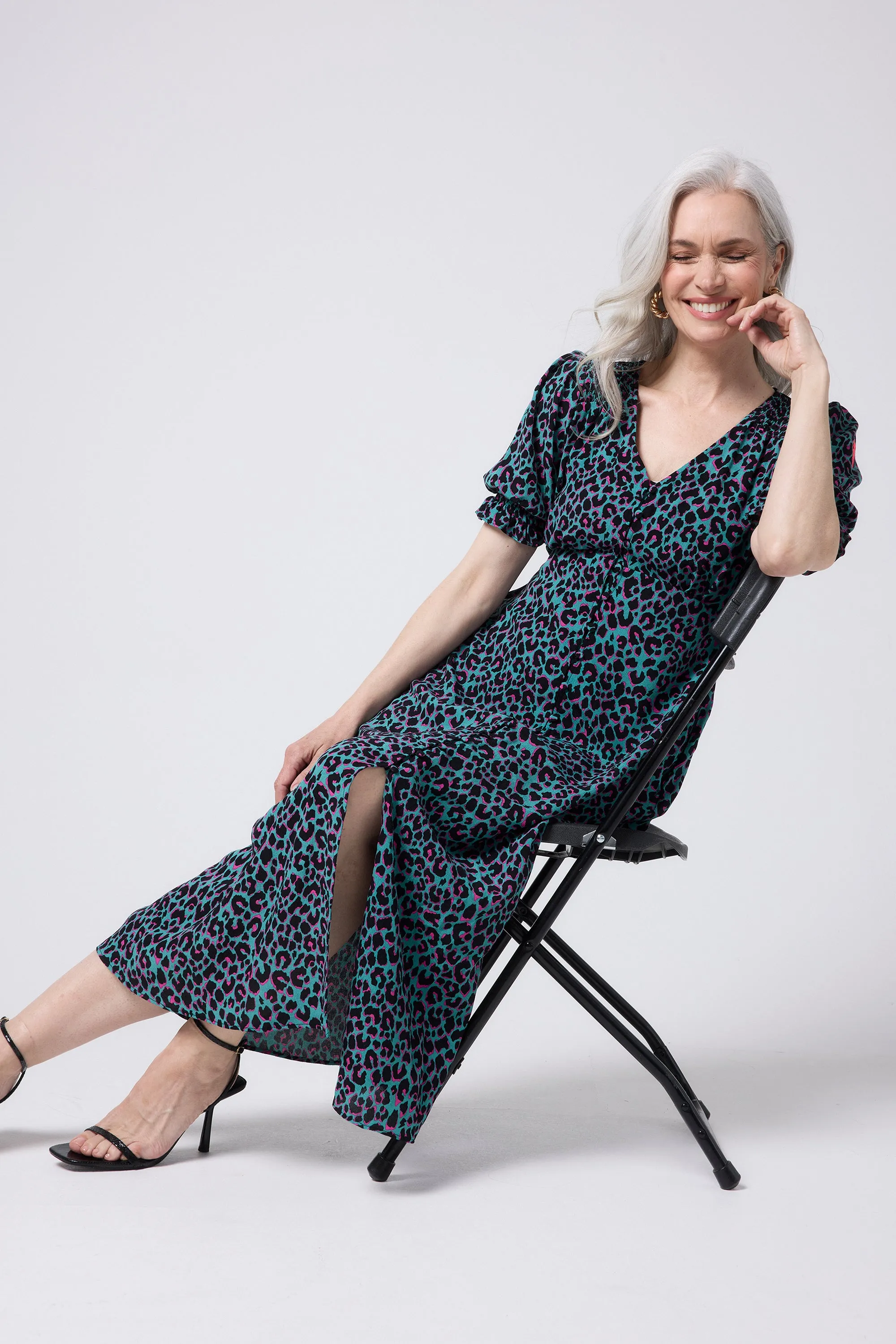 Khaki with Pink and Black Small Shadow Leopard Flute Sleeve Midi Tea Dress Neutral-Shade Compact Fit