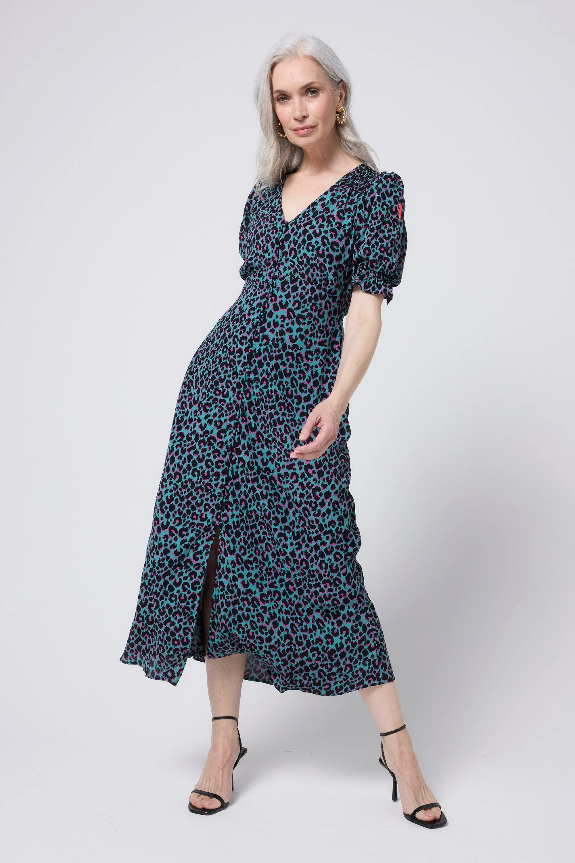 Khaki with Pink and Black Small Shadow Leopard Flute Sleeve Midi Tea Dress Light Wear