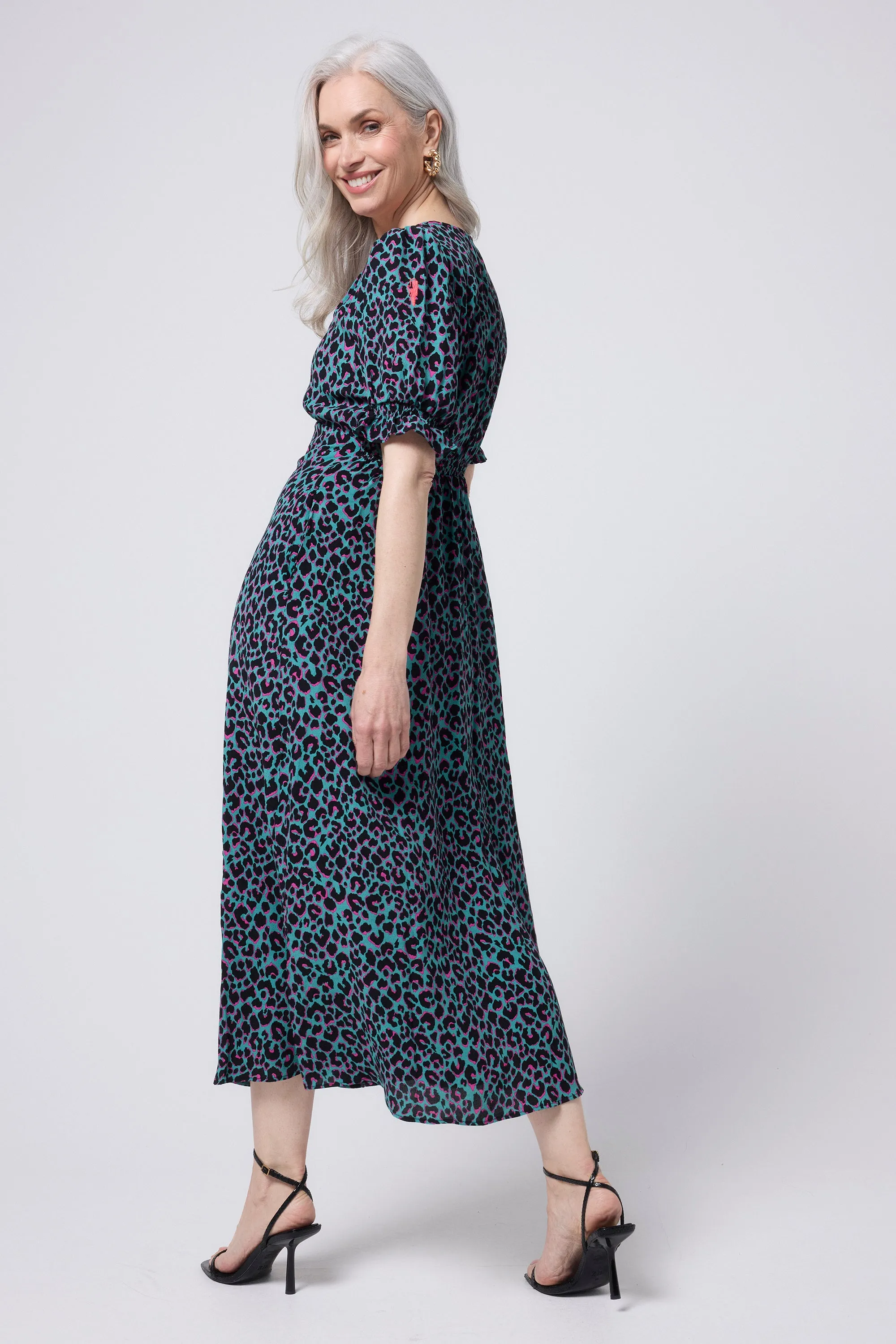 Natural Aesthetic Khaki with Pink and Black Small Shadow Leopard Flute Sleeve Midi Tea Dress