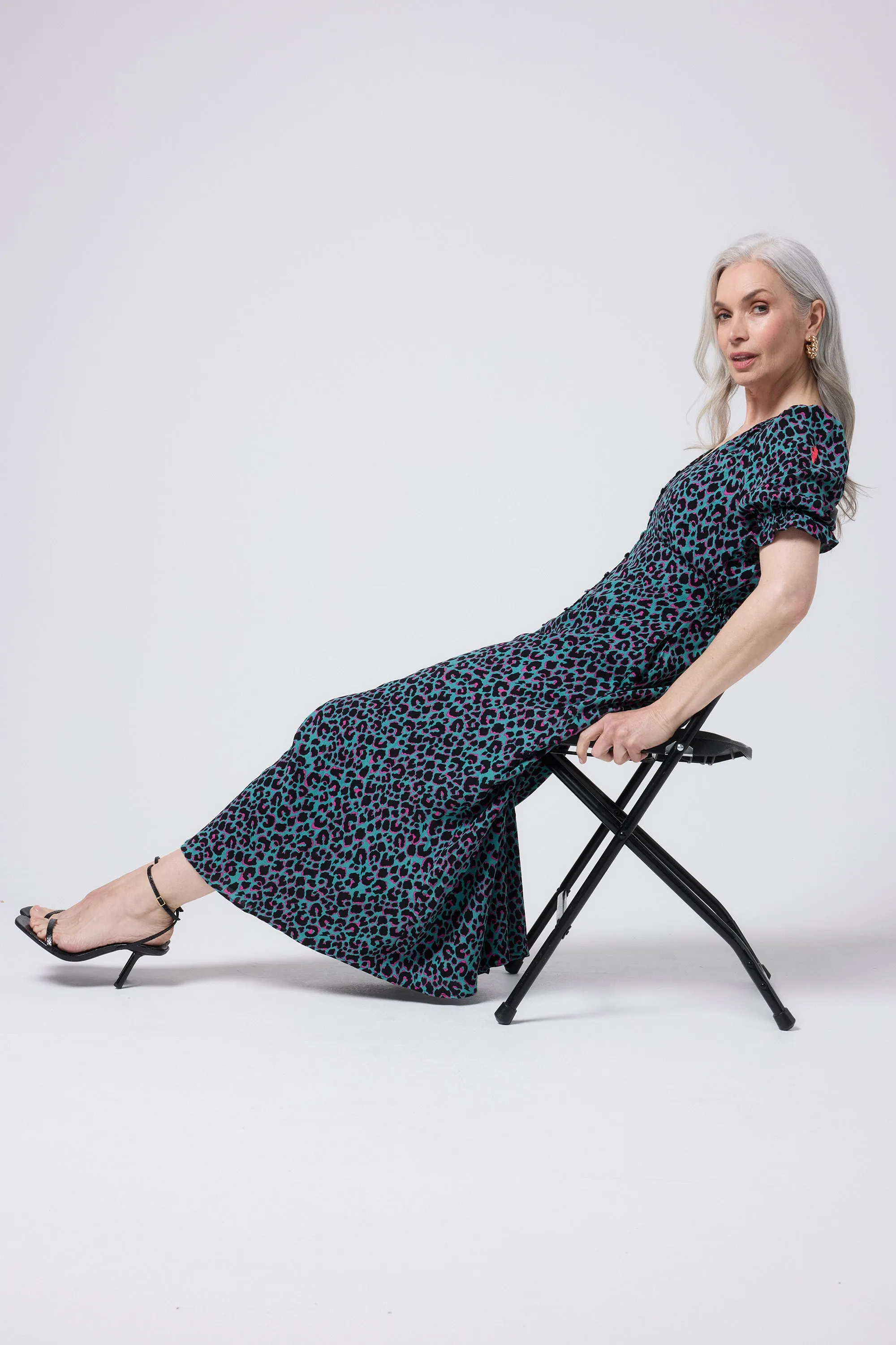 Tall Fit Khaki with Pink and Black Small Shadow Leopard Flute Sleeve Midi Tea Dress