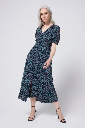 Khaki with Pink and Black Small Shadow Leopard Flute Sleeve Midi Tea Dress Light Wear