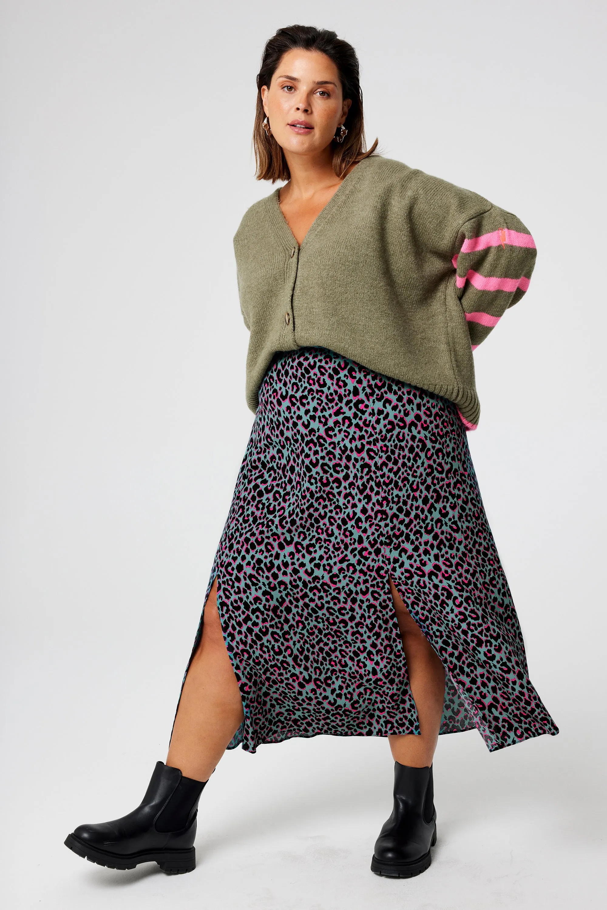 Khaki with Pink and Black Small Shadow Leopard Split Front Skirt Breezy Outfit