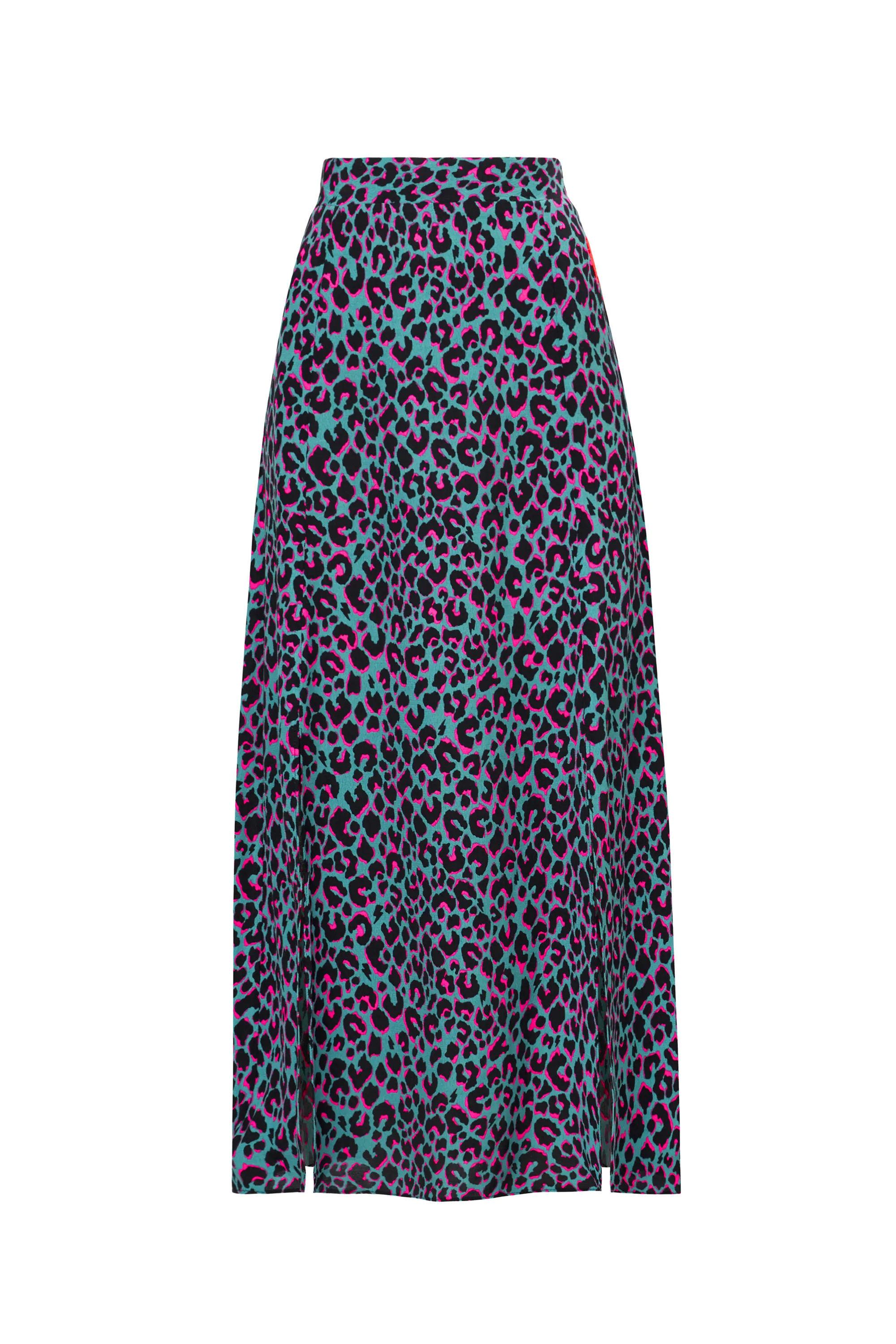Khaki with Pink and Black Small Shadow Leopard Split Front Skirt Modern Design