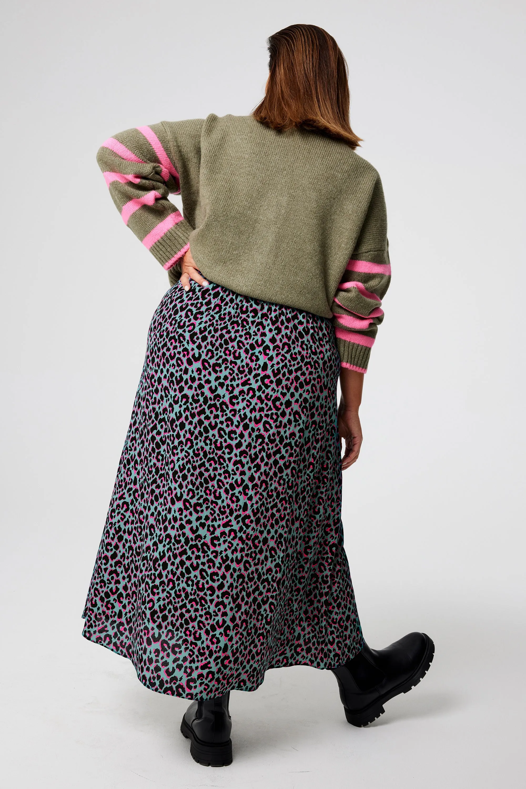 Bold Look Pastel tone Khaki with Pink and Black Small Shadow Leopard Split Front Skirt