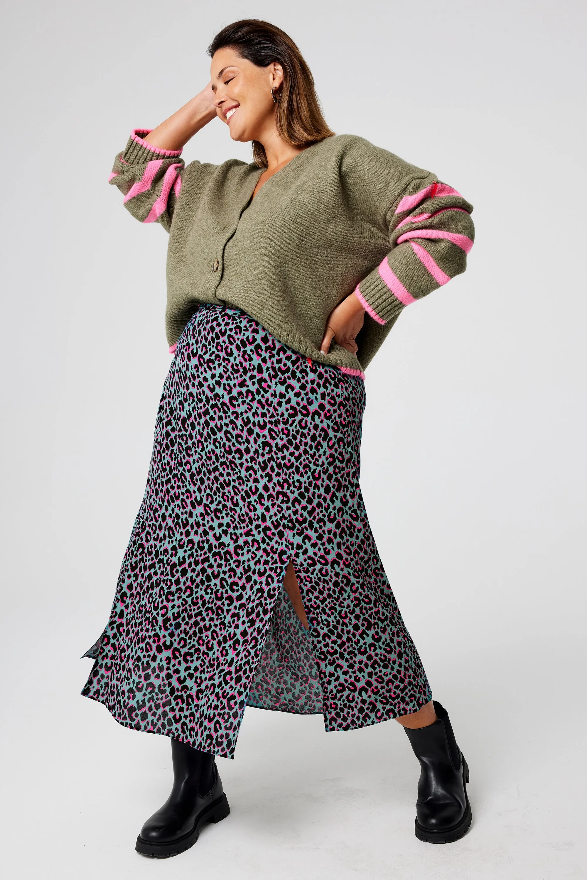 Khaki with Pink and Black Small Shadow Leopard Split Front Skirt Crossback Strap Fade Resistant Cloth