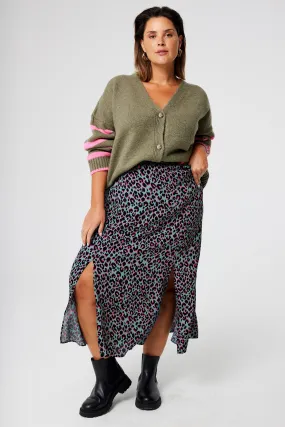 Khaki with Pink and Black Small Shadow Leopard Split Front Skirt Ombre effect Fair trade