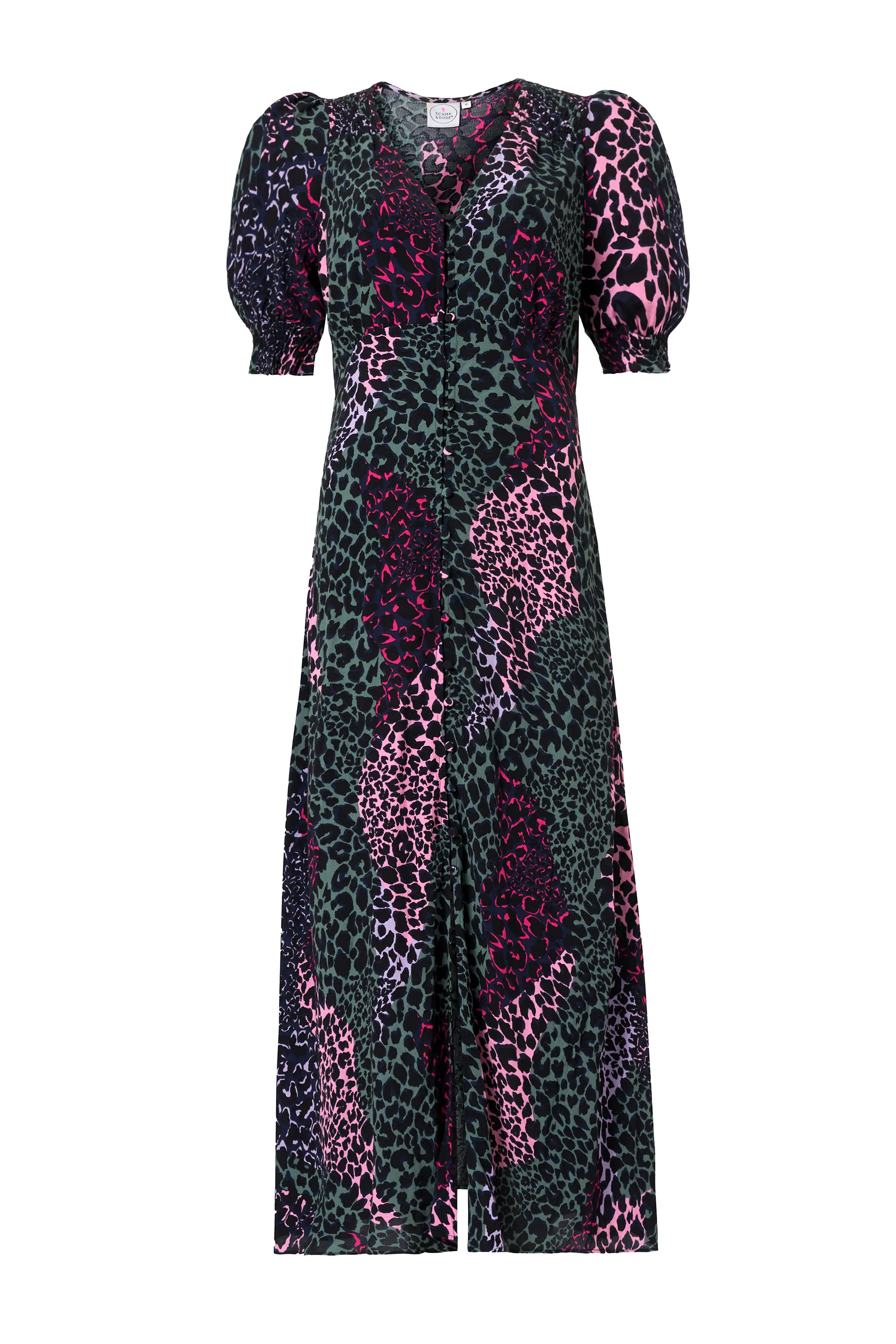 Basic Shape Refined Presence Khaki with Pink Spliced Leopard Flute Sleeve Midi Tea Dress