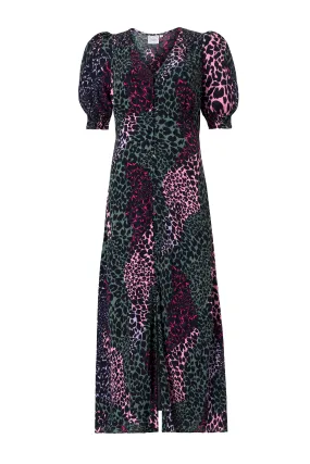 Season Ready Khaki with Pink Spliced Leopard Flute Sleeve Midi Tea Dress