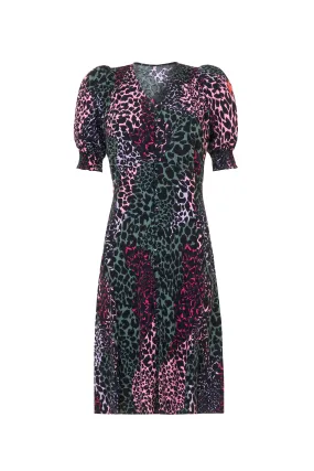 Khaki with Pink Spliced Leopard Short Tea Dress Statement-Piece